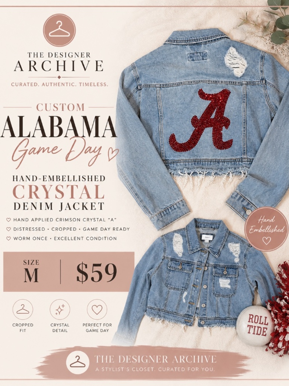 Custom Alabama Crimson Tide Crystal Cropped Denim Jacket M